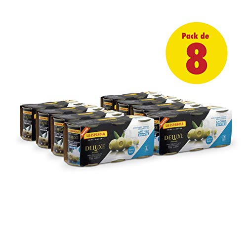 DELUXE SUAVES de LA ESPAÑOLA (3x50g). Aceitunas verdes rellenas de anchoa seleccionadas BAJAS EN SAL. Pack de 8 uds.