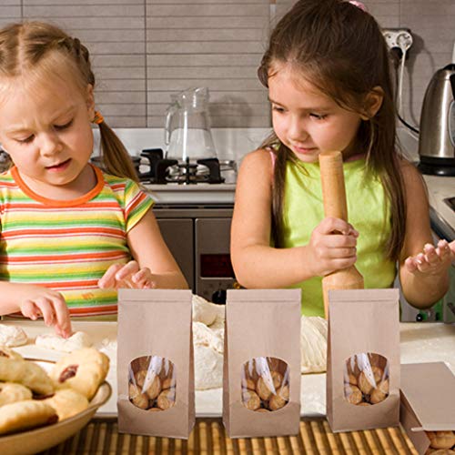 Demino 50pcs Panadería Bolsas con Ventana Clara de Sellado Grasa café Panadería Prueba Kraft Bolsa de Papel para Alimentos Snacks Cookies café, S