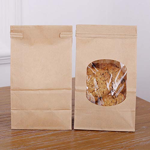 Demino 50pcs Panadería Bolsas con Ventana Clara de Sellado Grasa café Panadería Prueba Kraft Bolsa de Papel para Alimentos Snacks Cookies café, S