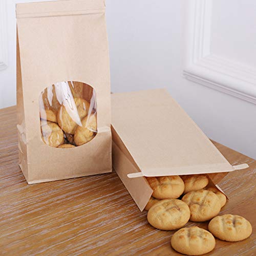 Demino 50pcs Panadería Bolsas con Ventana Clara de Sellado Grasa café Panadería Prueba Kraft Bolsa de Papel para Alimentos Snacks Cookies café, S