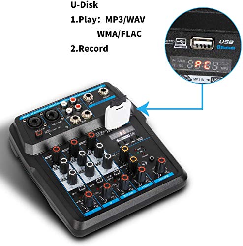 Depusheng Consola mezcladora de audio digital portátil de 4 canales con tarjeta de sonido, Bluetooth, USB, alimentación fantasma de 48 V para grabación de PC de DJ