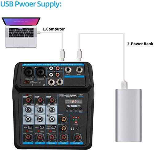 Depusheng Consola mezcladora de audio digital portátil de 4 canales con tarjeta de sonido, Bluetooth, USB, alimentación fantasma de 48 V para grabación de PC de DJ