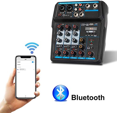 Depusheng Consola mezcladora de audio digital portátil de 4 canales con tarjeta de sonido, Bluetooth, USB, alimentación fantasma de 48 V para grabación de PC de DJ