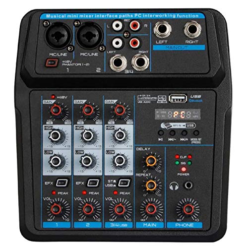 Depusheng Consola mezcladora de audio digital portátil de 4 canales con tarjeta de sonido, Bluetooth, USB, alimentación fantasma de 48 V para grabación de PC de DJ