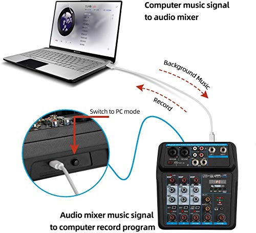 Depusheng Consola mezcladora de audio digital portátil de 4 canales con tarjeta de sonido, Bluetooth, USB, alimentación fantasma de 48 V para grabación de PC de DJ