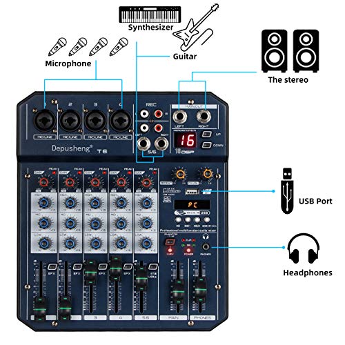 Depusheng T6 - Mezclador de audio portátil de 6 canales para tarjetas de sonido integrado 16 DSP 48 V Phantom Power soporta conexión BT MP3