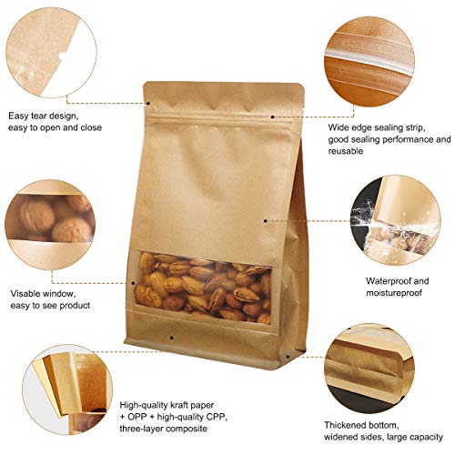 Derbway 30 Piezas Bolsas de Papel Kraft con Ventana, Cierre Zip Impermeable Reutilizables Bolsas de Sellado, Almacenamiento de Alimentos Bolsa de Papel Kraft (20 * 30cm)