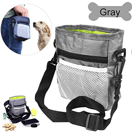 DERU Bolsa de Entrenamiento para Perros, Bolsa para Entrenamiento Portátil, Bolsa para Golosinas para Mascota, Bolsa Premios Perro Resistente Al Agua con Dispensador de Bolsa Caca(Gris)