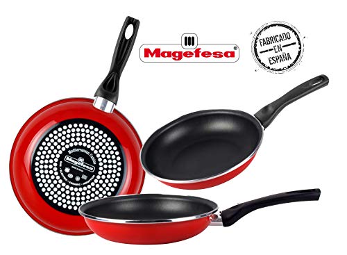 Desconocido Magefesa Praga Juego de Sartenes 18Ø 20Ø 24Ø de Acero esmaltado, Antiadherente bicapa Reforzado, Color Rojo Exterior. Apta para Todo Tipo de cocinas, incluida inducción, Granate, 18-20-24