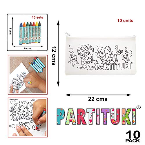 Detalles para Niños Partituki. 10 Estuches para Colorear y 10 Sets de 7 Ceras de Colores. Detalles Fiestas Infantiles. Con Certificado CE de no Toxicidad