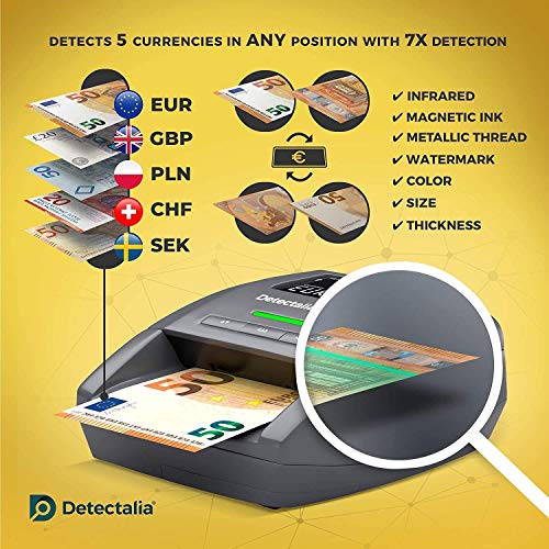 Detectalia D7X - Detector automático de billetes falsos con cable de actualización, 100% detección y listo para los nuevos billetes - 14 x 12 x 6 cm