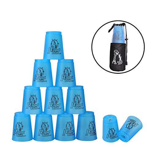 DEWEL 12 Vasos de Plástico para Practicar Stacking con 1 Bolsa y 1 Polo Portátil para Guardar Color de Azul