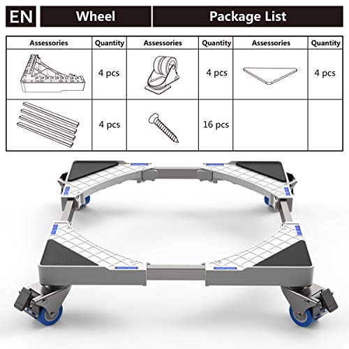 Dewel Base Móvil Ajustable 44.8~69cm para Lavadora Multifuncional con 4 Ruedas Giratorias Dobles de Goma Soporte para Lavadora, Secadora y Refrigerador,360°Giración