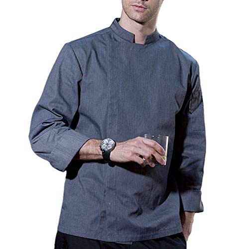 Dexinx Hombres de Color Sólido Transpirables Cocineros Uniforme de la Chaqueta de Manga Larga Cocina Profesional Gris L