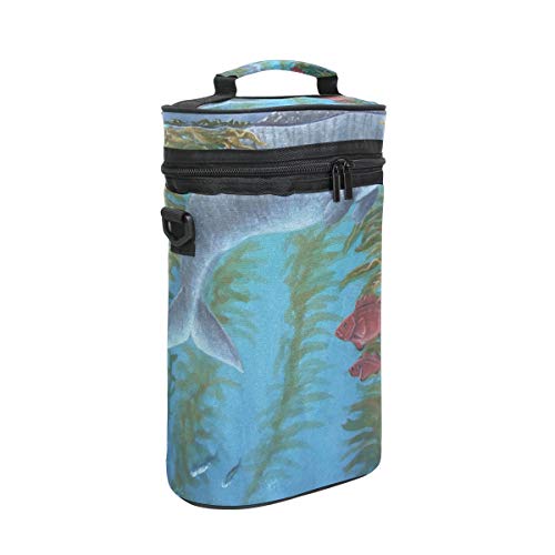 DEZIRO - Bolsa de transporte para 2 botellas de vino, diseño de vaca marina con peces rojos, con correa para el hombro, protección acolchada, bolsa enfriadora para viaje