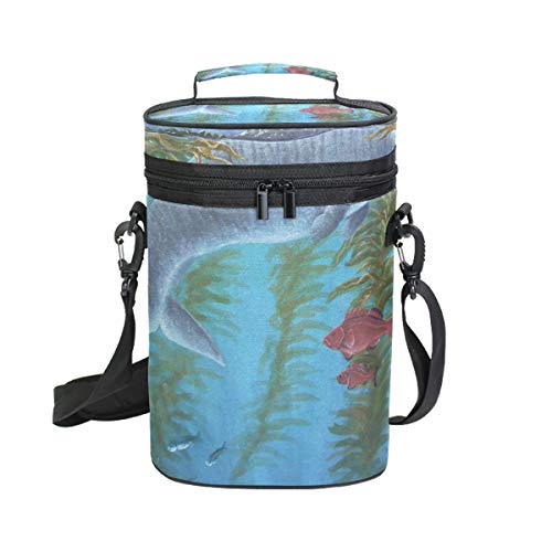 DEZIRO - Bolsa de transporte para 2 botellas de vino, diseño de vaca marina con peces rojos, con correa para el hombro, protección acolchada, bolsa enfriadora para viaje