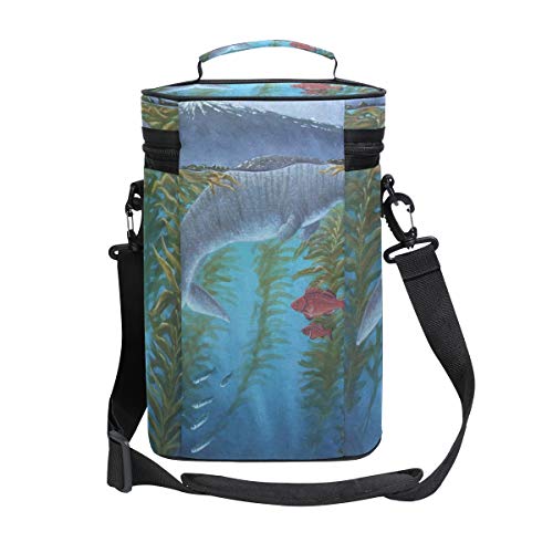 DEZIRO - Bolsa de transporte para 2 botellas de vino, diseño de vaca marina con peces rojos, con correa para el hombro, protección acolchada, bolsa enfriadora para viaje