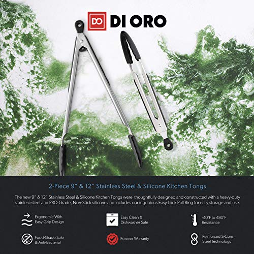 DI Oro® - Conjunto de Pinzas de Cocina Profesionales - Acero Inoxidable con Puntas de Silicona Antiadherente y Resistente a 250°C - Excelentes Utensilios de Cocina para cocinar, Servir y parrillar