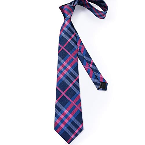 DiBanGu - Juego de gemelos y alfiler de corbata con diseño de rayas a cuadros, caja de regalo formal para bodas y negocios Tartán fucsia y azul marino. 85