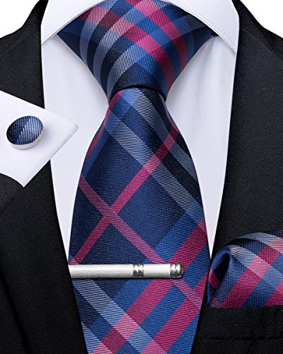 DiBanGu - Juego de gemelos y alfiler de corbata con diseño de rayas a cuadros, caja de regalo formal para bodas y negocios Tartán fucsia y azul marino. 85
