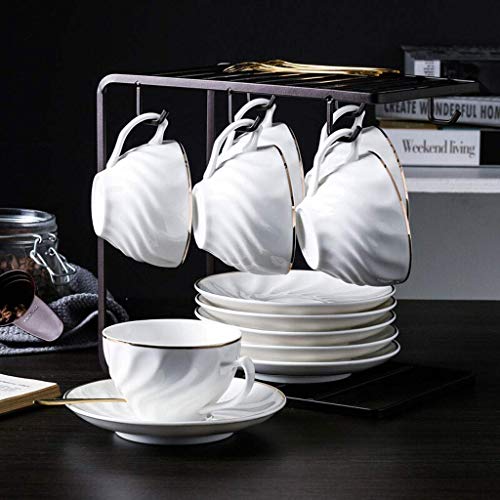 DIELUNY tazas de café de cerámica, 6 tazas, 6 platos, tazas, tazas de té, platillos con estantes para café, taza de té de porcelana y platillo