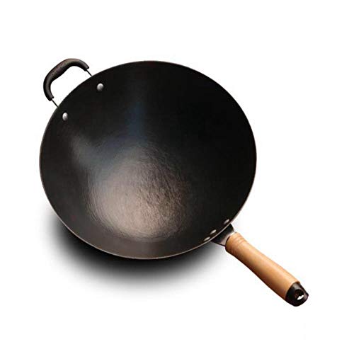 DIF Wok de Hierro Fundido para casa, sin Revestimiento, Manual, Antiadherente, Parte Inferior Redonda, Cocina de inducción, Cocina de Gas, Wok sartén