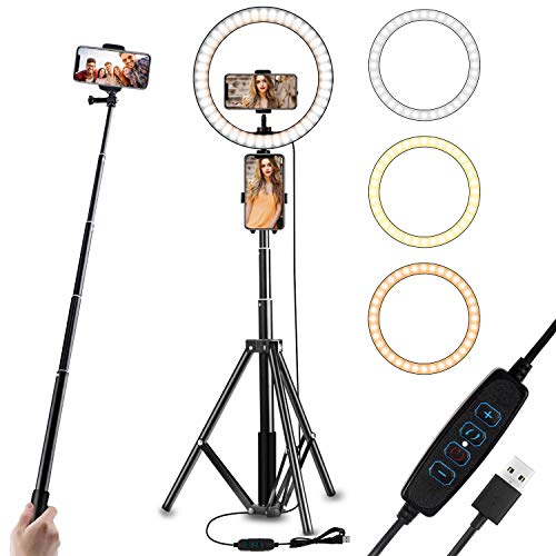 DigHealth Anillo de Luz LED, Ring Light con 3 Colores 10 Brillos Regulables Control Remoto Bluetooth,Trípode con Soporte Giratorio de Teléfono, Anillo de Luz para Selfie Maquillaje Youtube Live