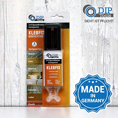 DIP-Tools KLEBFIX - Pegamento Epoxi de 2 Componentes para Madera, Metal, Vidrio, Plástico y Más en Sólo 5 Minutos - transparente (1x25ml)