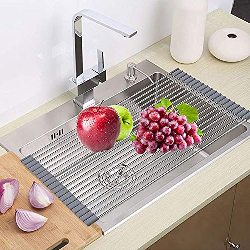 Dish Drying Rack, ZealBea Focus Enrollable Escurreplatos Acero Inoxidable para Fregadero [Silicio Suave de Grado FDA] [Sin BPA] Sobre el Fregadero o Encimera Escurreplatos (Gris, 20.9" x 12.6")