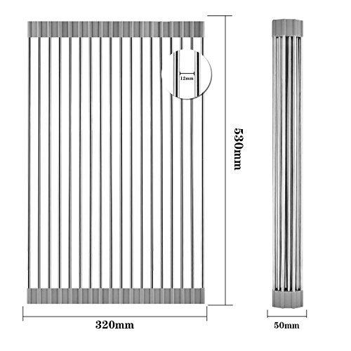 Dish Drying Rack, ZealBea Focus Enrollable Escurreplatos Acero Inoxidable para Fregadero [Silicio Suave de Grado FDA] [Sin BPA] Sobre el Fregadero o Encimera Escurreplatos (Gris, 20.9" x 12.6")