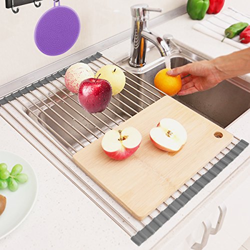 Dish Drying Rack, ZealBea Focus Enrollable Escurreplatos Acero Inoxidable para Fregadero [Silicio Suave de Grado FDA] [Sin BPA] Sobre el Fregadero o Encimera Escurreplatos (Gris, 20.9" x 12.6")