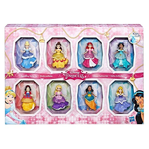 Disney COS1312433 Princesa pequeña 8 muñecas colección Sparkling Estilos Set con Clip-on Vestidos