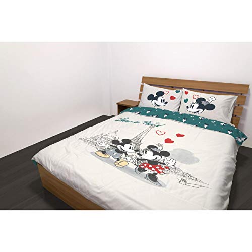 Disney – Juego de Cama de 220 x 240 cm con diseño de Mickey & Minnie – Love in Paris + 2 Fundas de Almohada de 63 x 63 cm – 100% algodón de 54 Hilos, edición Limitada