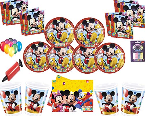 Disney Mickey Mouse Party Decoration Set-Platos Tazas Servilletas Mantel con Globos Gratis Velas Bombas de Globos-Sirve para 16 Invitados