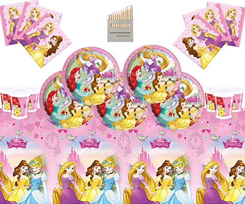 Disney Princess Party Supplies - Juego Completo de vajilla para Fiesta de cumpleaños para niñas 16 Invitados - Disney Princess Plates Copas Servilletas Mantel