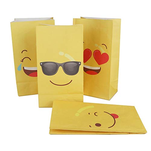 DISOK Lote de 12 Bolsas de Regalo Infantiles para Niños EMOTICONOS con Cierre Adhesivo Pegatina 22 x 12 cm - Bolsas Originales de Papel para Caramelos, Detalles y Regalos