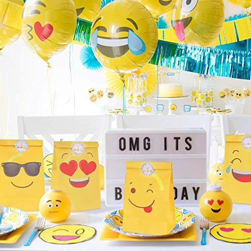 DISOK Lote de 12 Bolsas de Regalo Infantiles para Niños EMOTICONOS con Cierre Adhesivo Pegatina 22 x 12 cm - Bolsas Originales de Papel para Caramelos, Detalles y Regalos