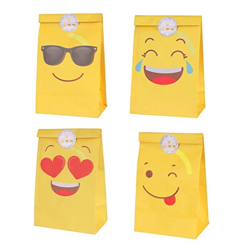 DISOK Lote de 12 Bolsas de Regalo Infantiles para Niños EMOTICONOS con Cierre Adhesivo Pegatina 22 x 12 cm - Bolsas Originales de Papel para Caramelos, Detalles y Regalos