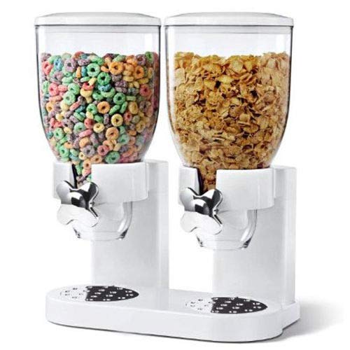 Dispensador de cereales de doble recipiente hermético transparente con bandeja integrada para comida seca, cereales de desayuno, comida para mascotas, caramelos y comidas (doble blanco)