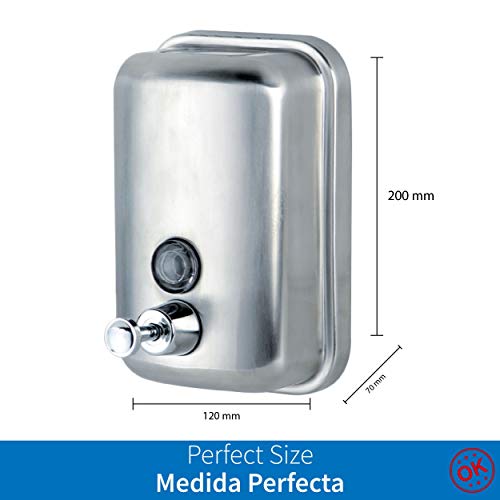 Dispensador de Jabon Manual en Acero INOX · Dosificador Jabon Baño de 1L · Dosificador Gel Hidroalcoholico para Manos · Dispensador Jabon Cocina y Baño Hoteles, Hospitales, Oficinas, Bares