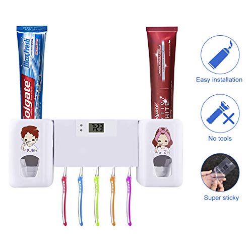 Dispensador de pasta de dientes automático de Puersit, manos libres, doble, con reloj digital, juego de accesorios para el baño, para niños y adultos