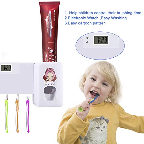 Dispensador de pasta de dientes automático de Puersit, manos libres, doble, con reloj digital, juego de accesorios para el baño, para niños y adultos