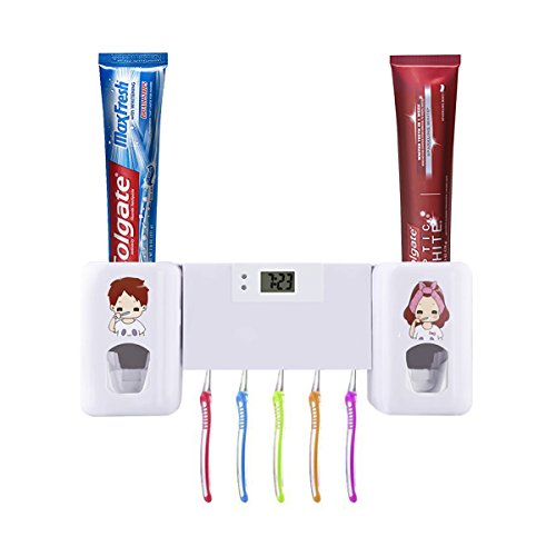 Dispensador de pasta de dientes automático de Puersit, manos libres, doble, con reloj digital, juego de accesorios para el baño, para niños y adultos