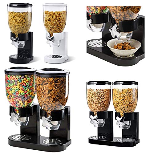 Dispensador doble de cereales ENYAA, con bandeja integrada para nueces, cereales, alimentos para mascotas, dulces, disponible en blanco o negro.