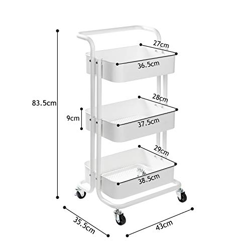 Display4top Carrito con Bloquear Ruedas, Carrito Auxiliar con 3 Nivel para la Cocina, baño, Dormitorio de Almacenamiento (Blanco)