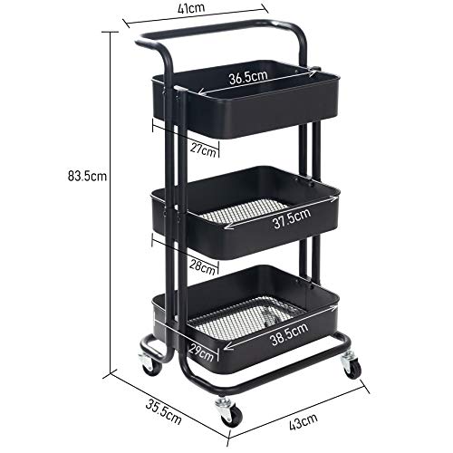 Display4top Carrito con Bloquear Ruedas, Carrito Auxiliar con 3 Nivel para la Cocina, baño, Dormitorio de Almacenamiento (Negro)