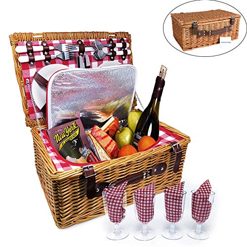 Display4top Cesta de Picnic de Mimbre Tradicional para 4 Personas Deluxe Cesto de Mimbre - Juego Premium con Platos, Copas de Vino, Cubiertos y servilletas (Rosa)