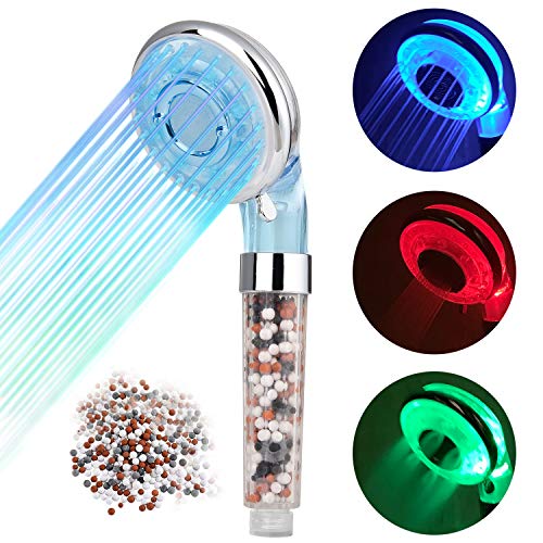 Diyife Alcachofa para Ducha,Cabezal de Ducha LED 3 Colores Cambiantes Temperatura Controlada Alta Presión Rociador Iónico Negativo Doble Filtro Cloro Ahorro de Agua