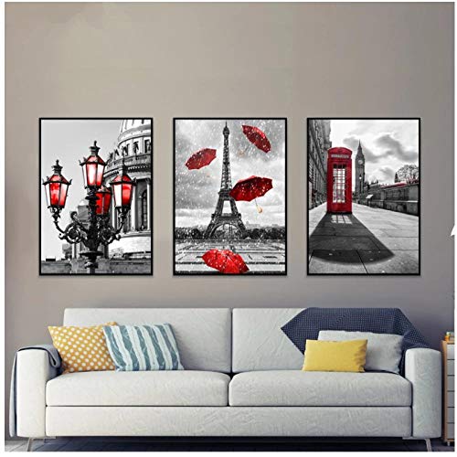 DLFALG Carteles de decoración nórdica para el hogar Torre de París Paraguas rojo Paisaje Pintura en lienzo Impresión en HD Imagen de arte de pared para sala de estar 40x60cmx3 sin marco