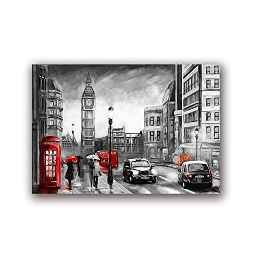 DLFALG London Street Paisaje Pintura al óleo Impresión en lienzo Pareja romántica y paraguas rojo Obra de arte Cartel de la imagen Decoración de arte de pared para el hogar 42x60cm sin marco